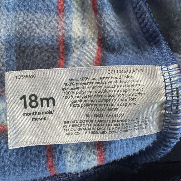 Carter’s Boy’s 18 Months Blue and Red Plaid Fleece Hooded Jacket - Picture 5 of 5